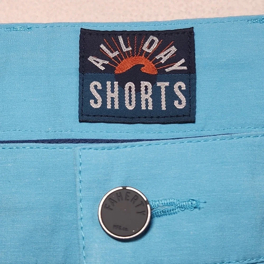 FAHERTY All Day Shorts Mens 34 Blue Chino Drawstring Stretch Travel 9 Inseam